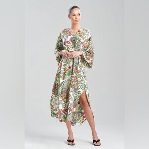 NATORI Peizuri Caftan Dress Midi Paisley Floral Green White Kimono M‎ Beach Pool